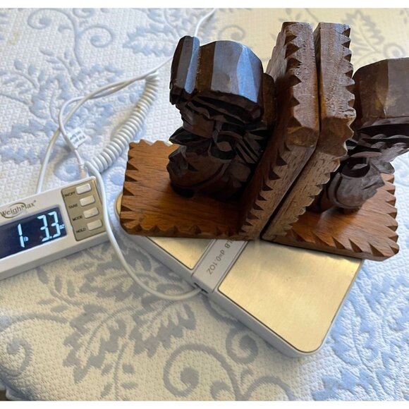 Vintage Bookends Pair Carved Wood Shelf Art Tribal Hand Crafted Brown 4.5x7" - Picture 11 of 11